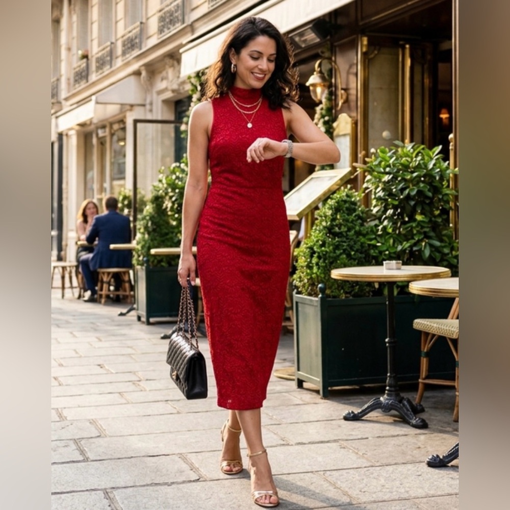 Dress the Population Zoey Lace Midi Dress - Red - Size Medium